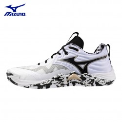 Zapatillas de Voleibol Mizuno Wave Momentum Elite Blanco/Negro/Dorado | Absorción de impactos 